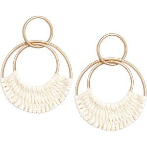 Women White Raffia Hoop Lightweight Straw Wicker Rattan Dangle Drop Earrings